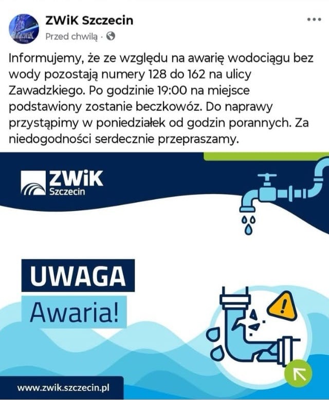 Uwaga Rodzice! Awaria sieci wodociągowej